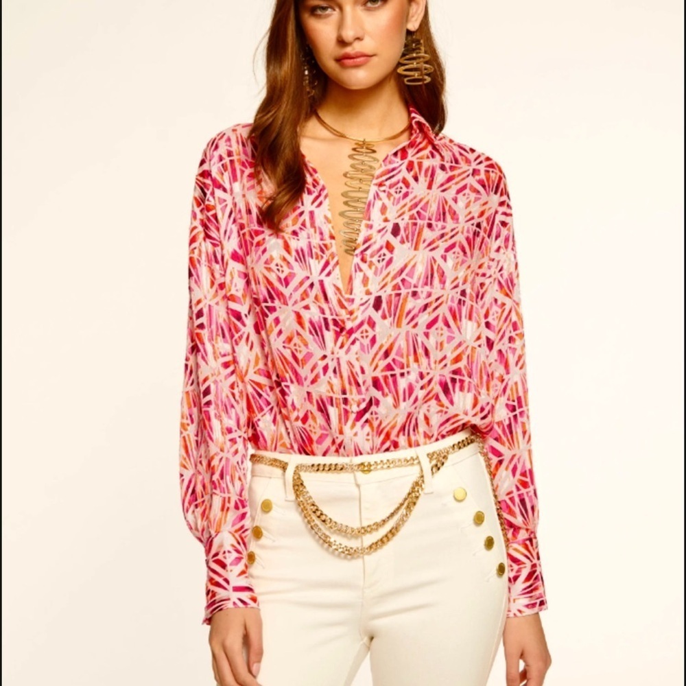 Ramy Brook Melina Button Down Top Collared Shirt Women’s S Pink Orange Blouse